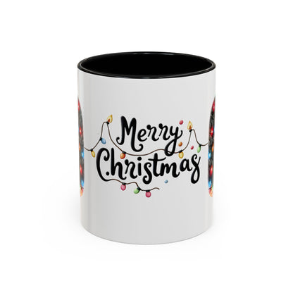 Merry Christmas Cat Mug – Cute Black Cat with Christmas Lights – Holiday Coffee Cup Gift for Cat Lovers
