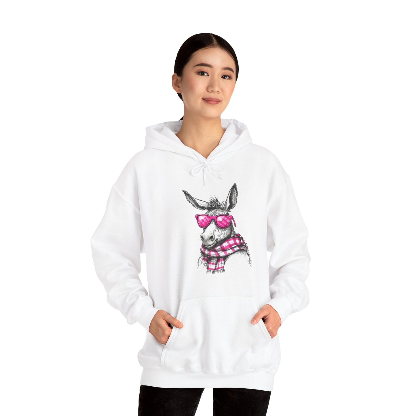 Cool Donkey Hoodie with Pink Glasses & Plaid Scarf — Cute Animal Graphic Sweatshirt