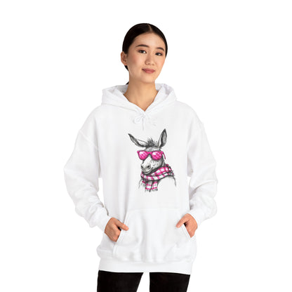 Cool Donkey Hoodie with Pink Glasses & Plaid Scarf — Cute Animal Graphic Sweatshirt