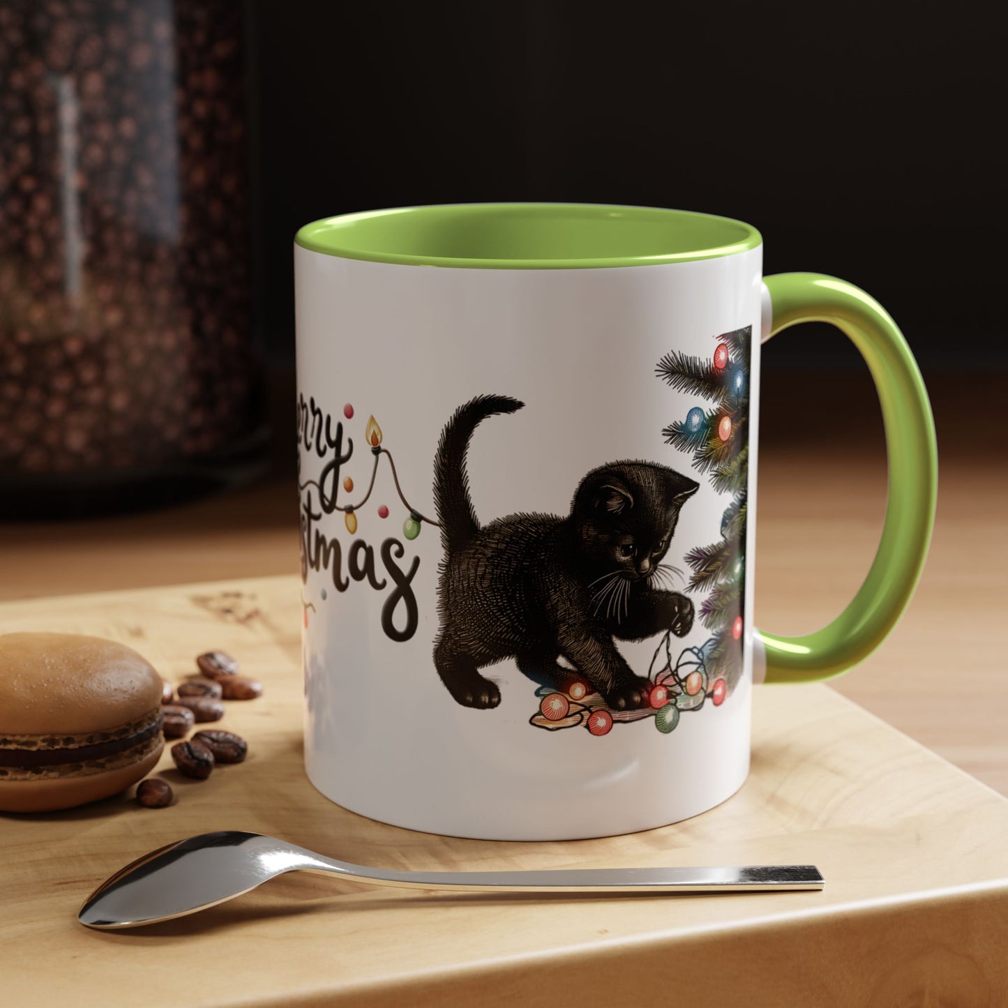Merry Christmas Black Cat Mug – Cute Holiday Lights Cat Coffee Cup – Perfect Gift for Cat Lovers