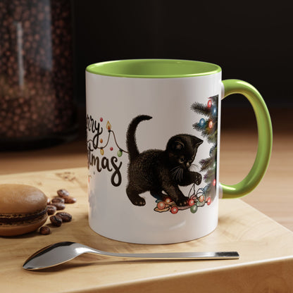 Merry Christmas Black Cat Mug – Cute Holiday Lights Cat Coffee Cup – Perfect Gift for Cat Lovers