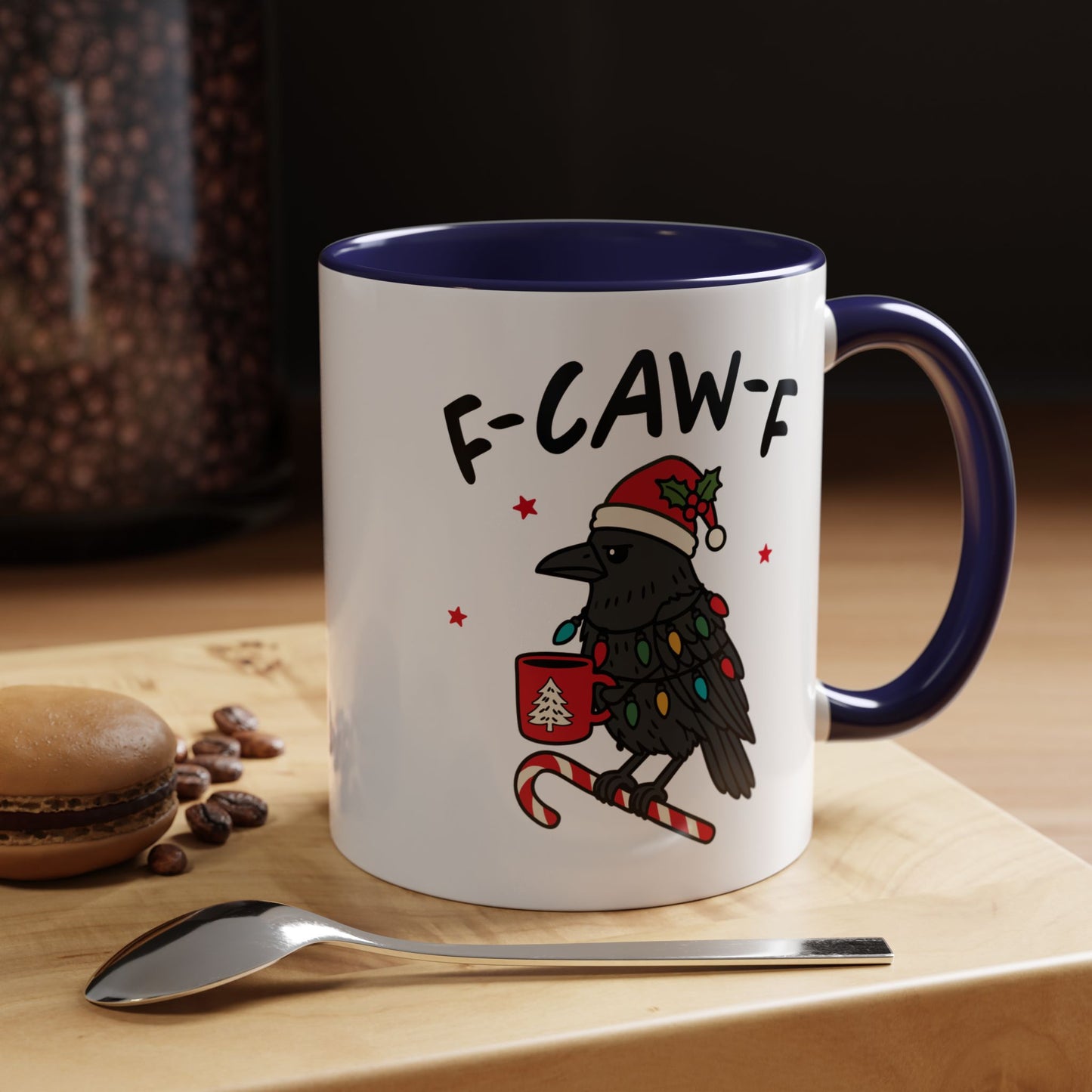 Funny Crow Christmas Mug – F-Caw-F Holiday Crow Cup – Cute Raven Coffee Mug with Lights & Santa Hat