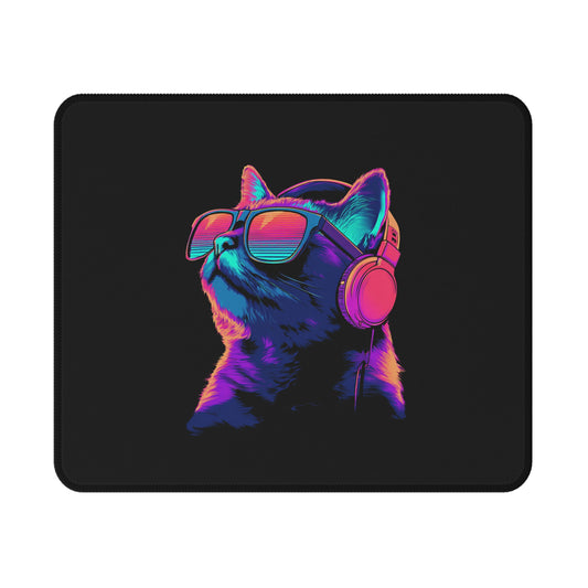 Retro Neon Cat Gaming Mouse Pad — Non‑Slip RGB Headphone & Sunglasses Design