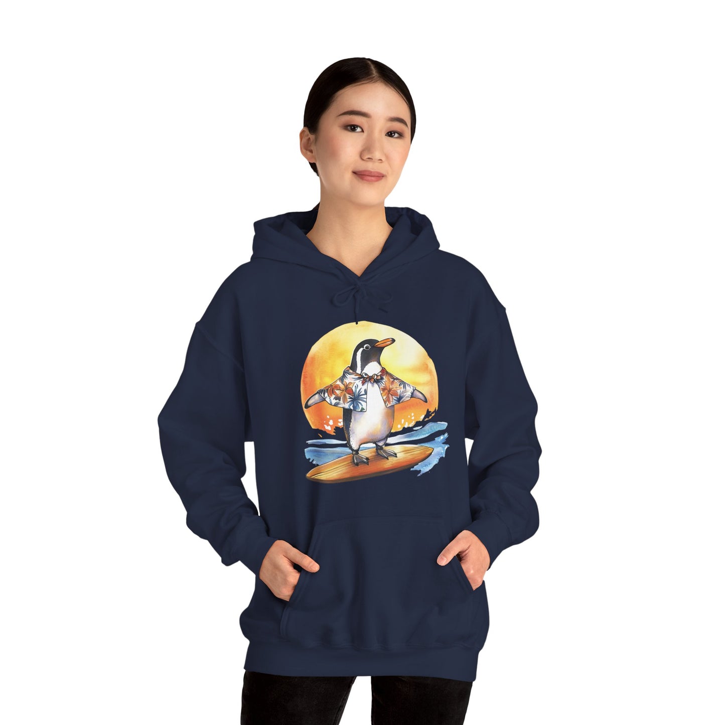 Surfing Penguin Hoodie — Cute Surfboard Penguin Sunset Pullover