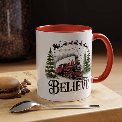 Believe Christmas Train Mug with Santa Sleigh – Holiday Coffee Cup
