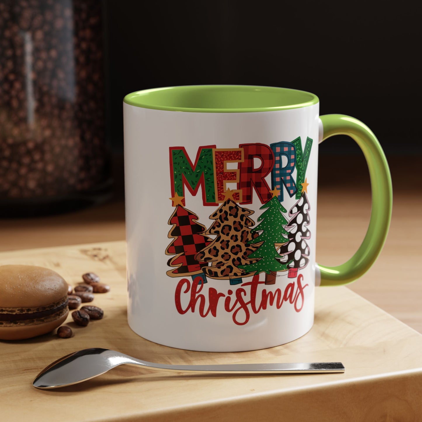 Merry Christmas Accent Coffee Mug — Festive Plaid, Leopard & Pine Tree Holiday Design