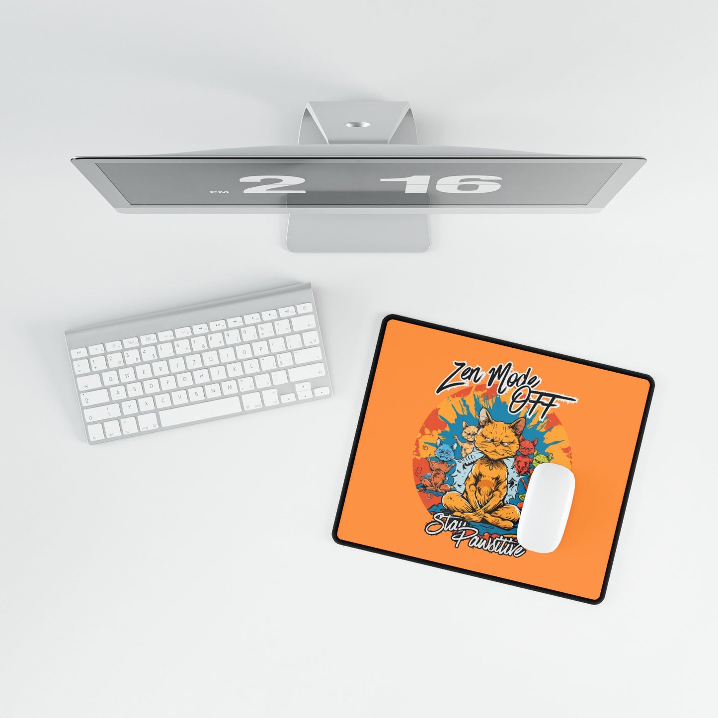 Desk Mat — Orange ‘Zen Mode Off, Stay Pawsitive’ Cat Gaming/Office Mousepad