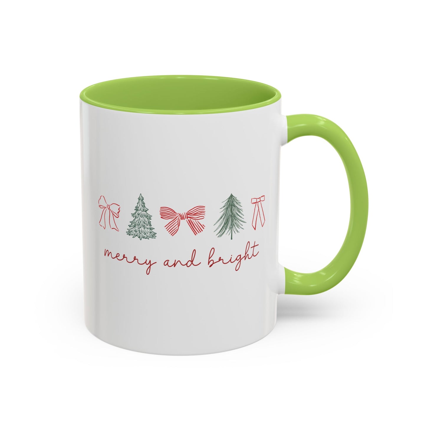 Merry and Bright Accent Coffee Mug — Holiday Christmas Tree & Bow Design (11/15 oz)
