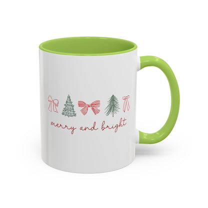 Merry and Bright Accent Coffee Mug — Holiday Christmas Tree & Bow Design (11/15 oz)