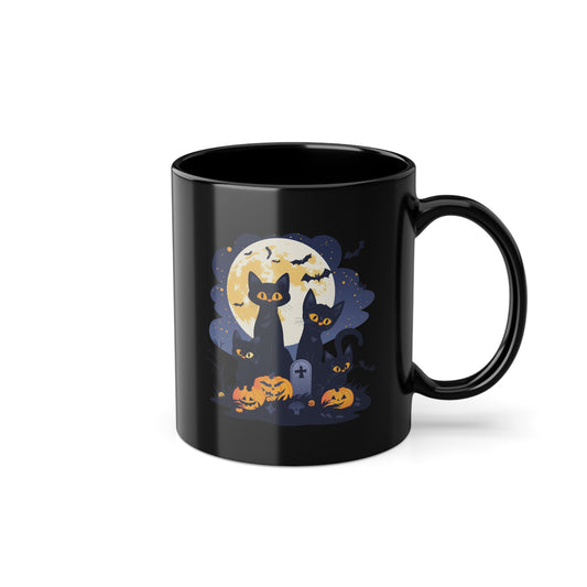Halloween Black Cat Mug – Spooky Cats with Pumpkins & Full Moon Design
