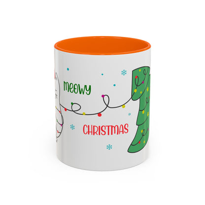 Meowy Christmas Accent Coffee Mug — Cute Cat & Decorated Tree Holiday Mug (11/15oz)