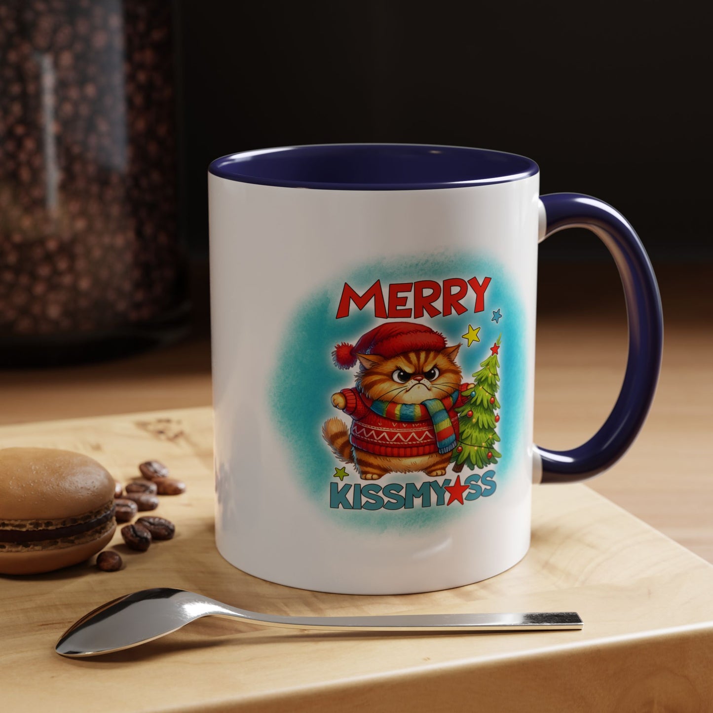 Merry Kissmyass Cat Coffee Mug — Funny Christmas Accent Mug (11/15oz)