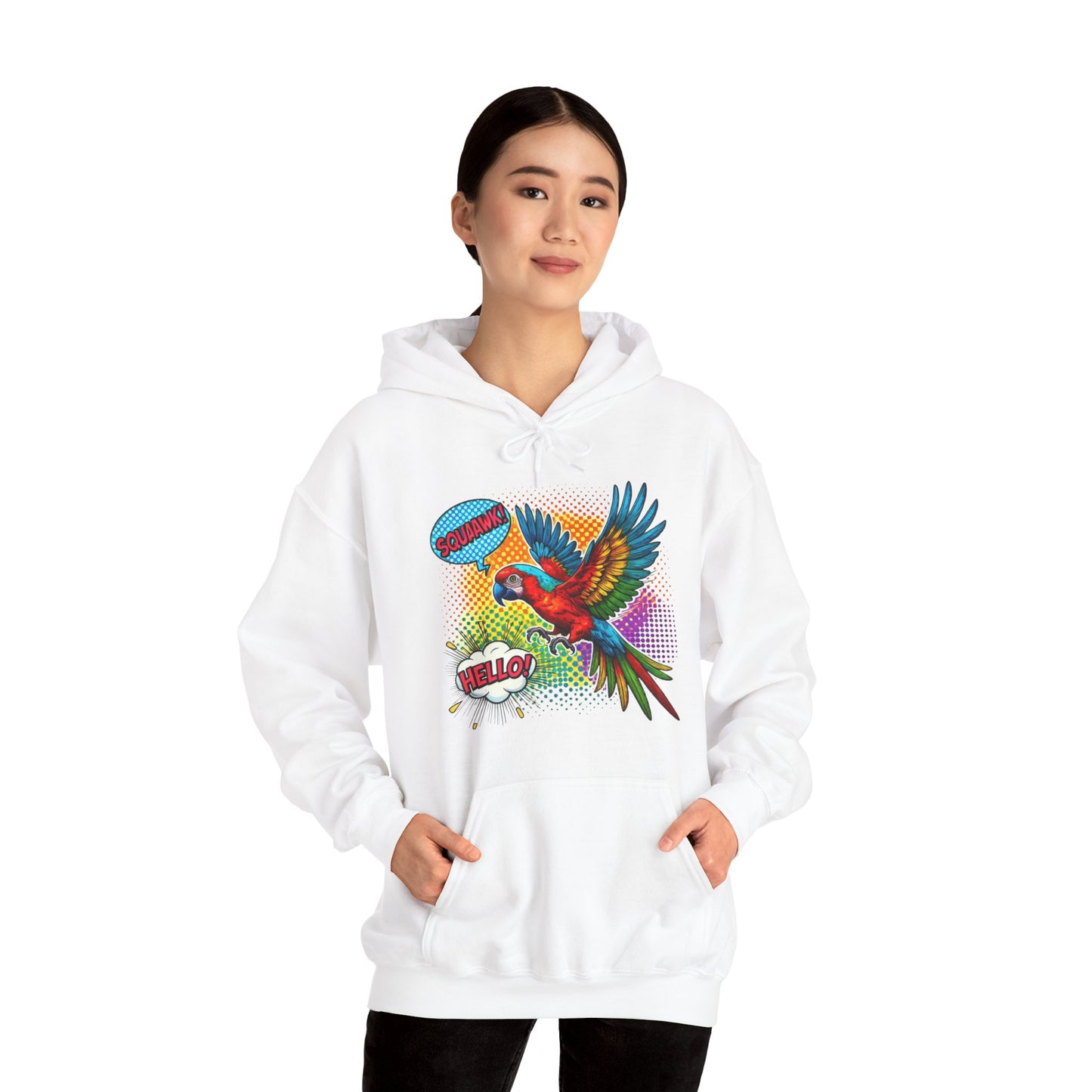 Parrot Pop Art Hoodie — Colorful Macaw 'Hello' Graphic Pullover