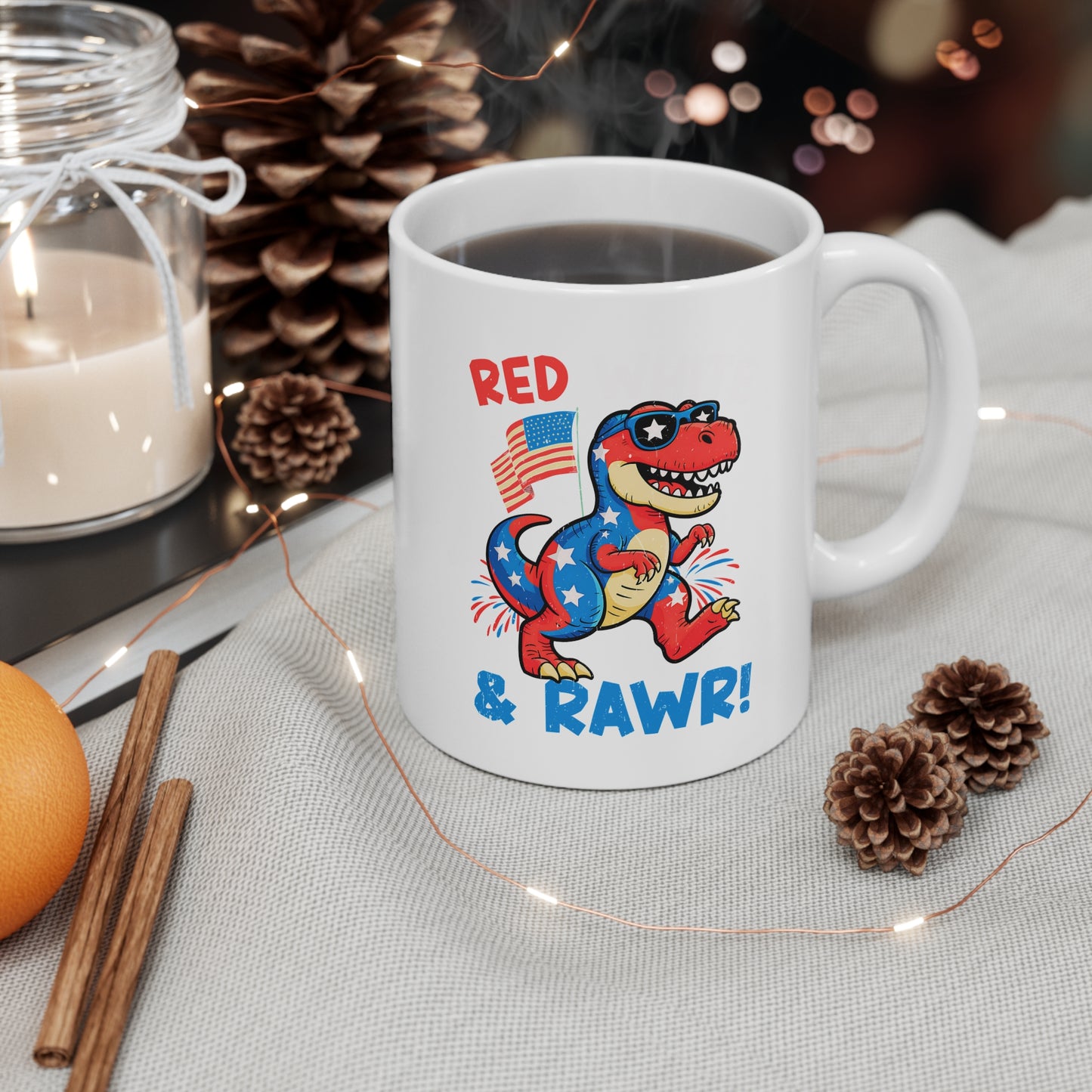 Red White Blue Dinosaur Mug 4th of July T Rex Patriotic Kids Coffee Cup