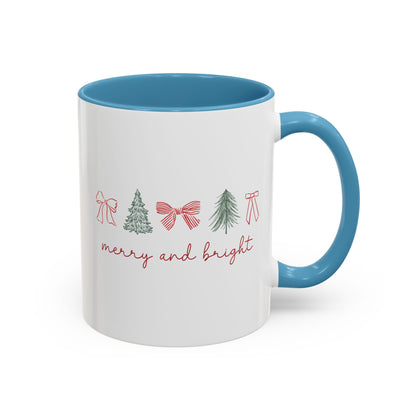 Merry and Bright Accent Coffee Mug — Holiday Christmas Tree & Bow Design (11/15 oz)