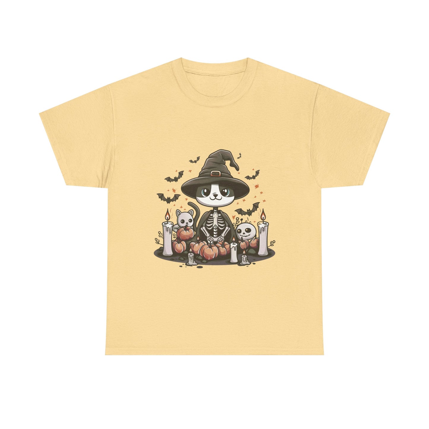 Halloween Witch Cat T-Shirt – Cute Skeleton Cat with Pumpkins & Candles
