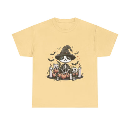 Halloween Witch Cat T-Shirt – Cute Skeleton Cat with Pumpkins & Candles