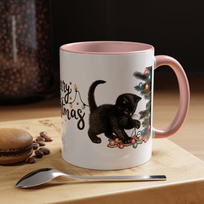 Merry Christmas Black Cat Mug – Cute Holiday Lights Cat Coffee Cup – Perfect Gift for Cat Lovers