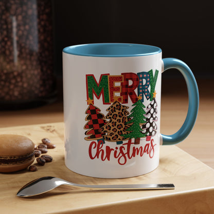 Merry Christmas Accent Coffee Mug — Festive Plaid, Leopard & Pine Tree Holiday Design