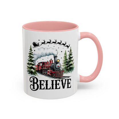 Believe Christmas Train Mug with Santa Sleigh – Holiday Coffee Cup