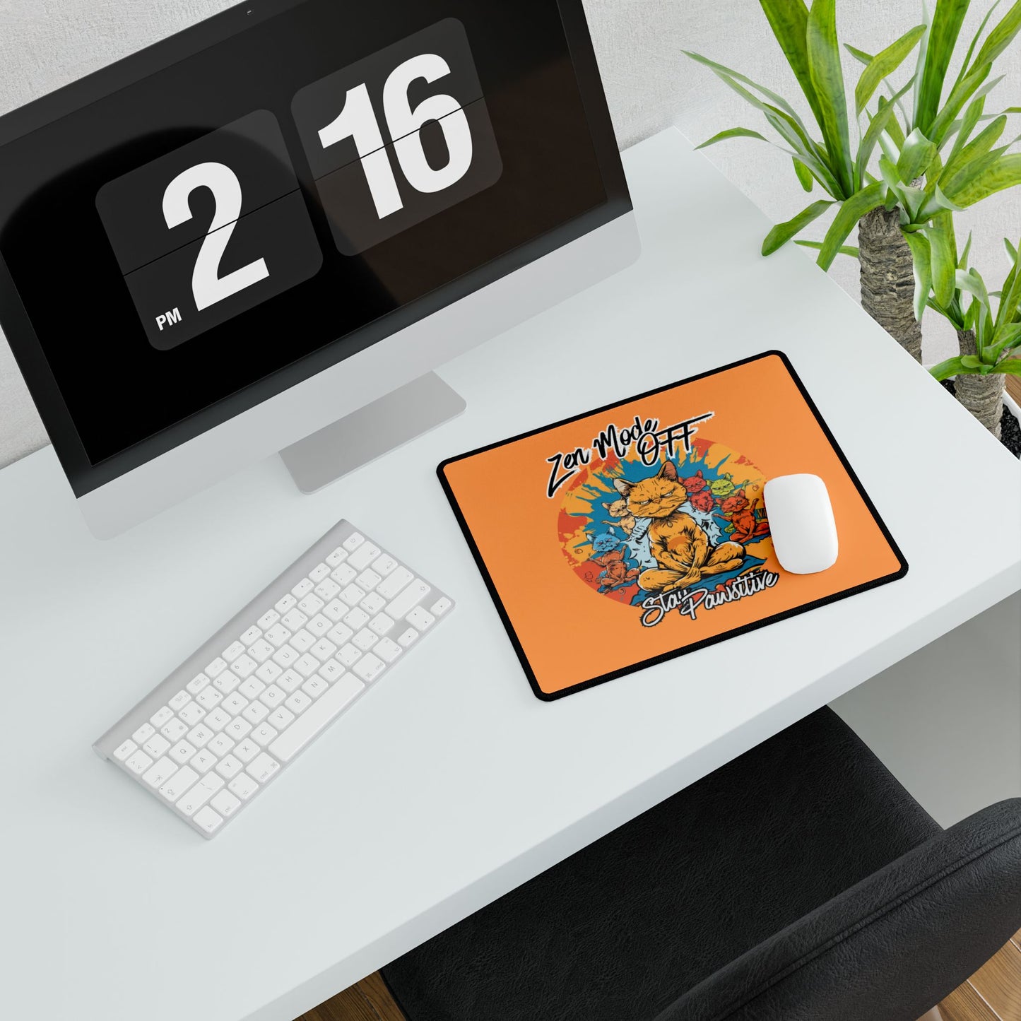 Desk Mat — Orange ‘Zen Mode Off, Stay Pawsitive’ Cat Gaming/Office Mousepad