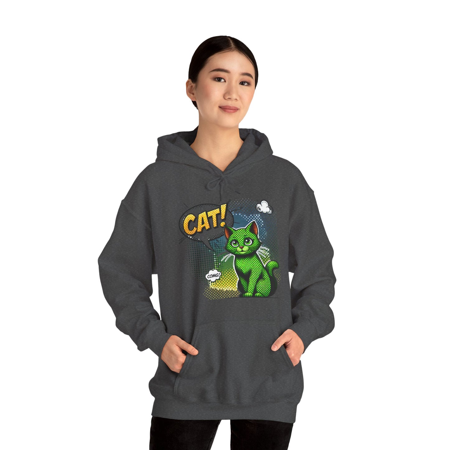 Green Comic Cat Hoodie — Retro Pop Art "CAT!" Graphic Sweatshirt