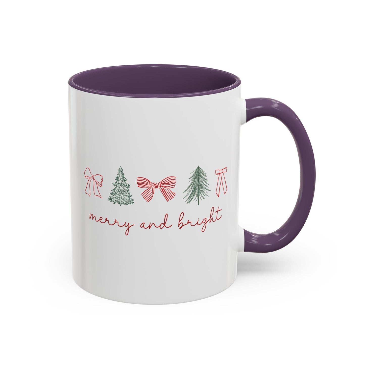 Merry and Bright Accent Coffee Mug — Holiday Christmas Tree & Bow Design (11/15 oz)
