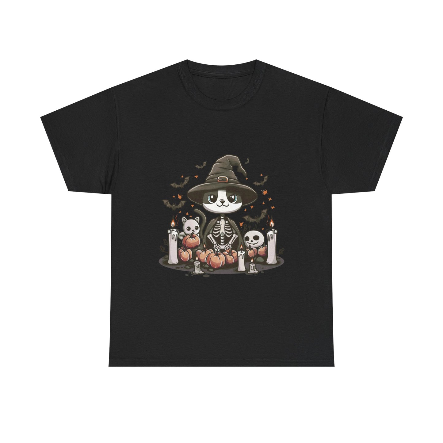 Halloween Witch Cat T-Shirt – Cute Skeleton Cat with Pumpkins & Candles
