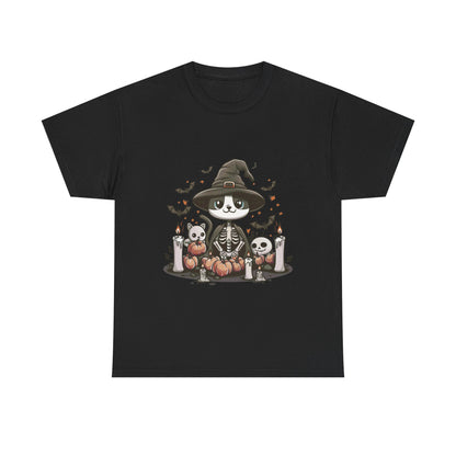 Halloween Witch Cat T-Shirt – Cute Skeleton Cat with Pumpkins & Candles