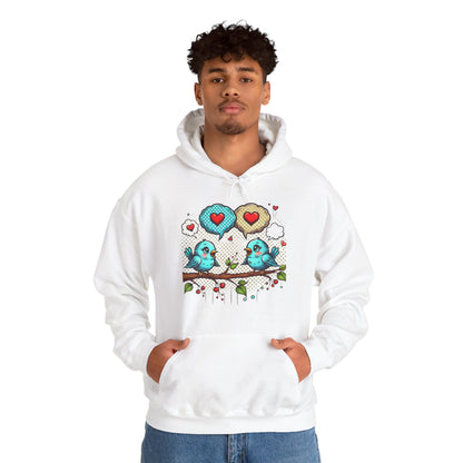 Birds on a Branch Hoodie — Cute Blue Lovebirds with Heart Speech Bubbles