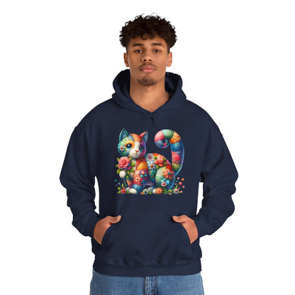 Colorful Floral Cat Hoodie – Vibrant Patchwork Kitty Sweatshirt