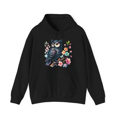 Floral Night Owl Hoodie – Watercolor Owl & Blossom Pullover