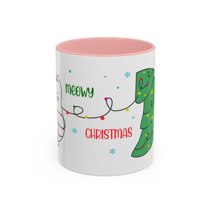 Meowy Christmas Accent Coffee Mug — Cute Cat & Decorated Tree Holiday Mug (11/15oz)