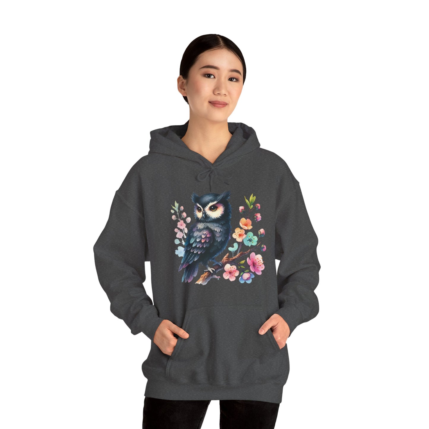 Floral Night Owl Hoodie – Watercolor Owl & Blossom Pullover