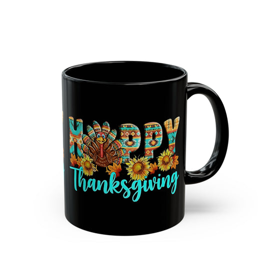 Happy Thanksgiving Mug – Cute Turkey & Sunflower Fall Coffee Cup – Autumn Boho Pattern Mug for Holiday & Festive Gifts