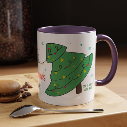 Meowy Christmas Accent Coffee Mug — Cute Cat & Decorated Tree Holiday Mug (11/15oz)