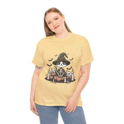 Halloween Witch Cat T-Shirt – Cute Skeleton Cat with Pumpkins & Candles
