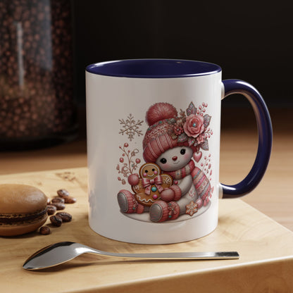 Cute Pink Snowman Coffee Mug — Holiday Winter Gingerbread Design (11/15oz)