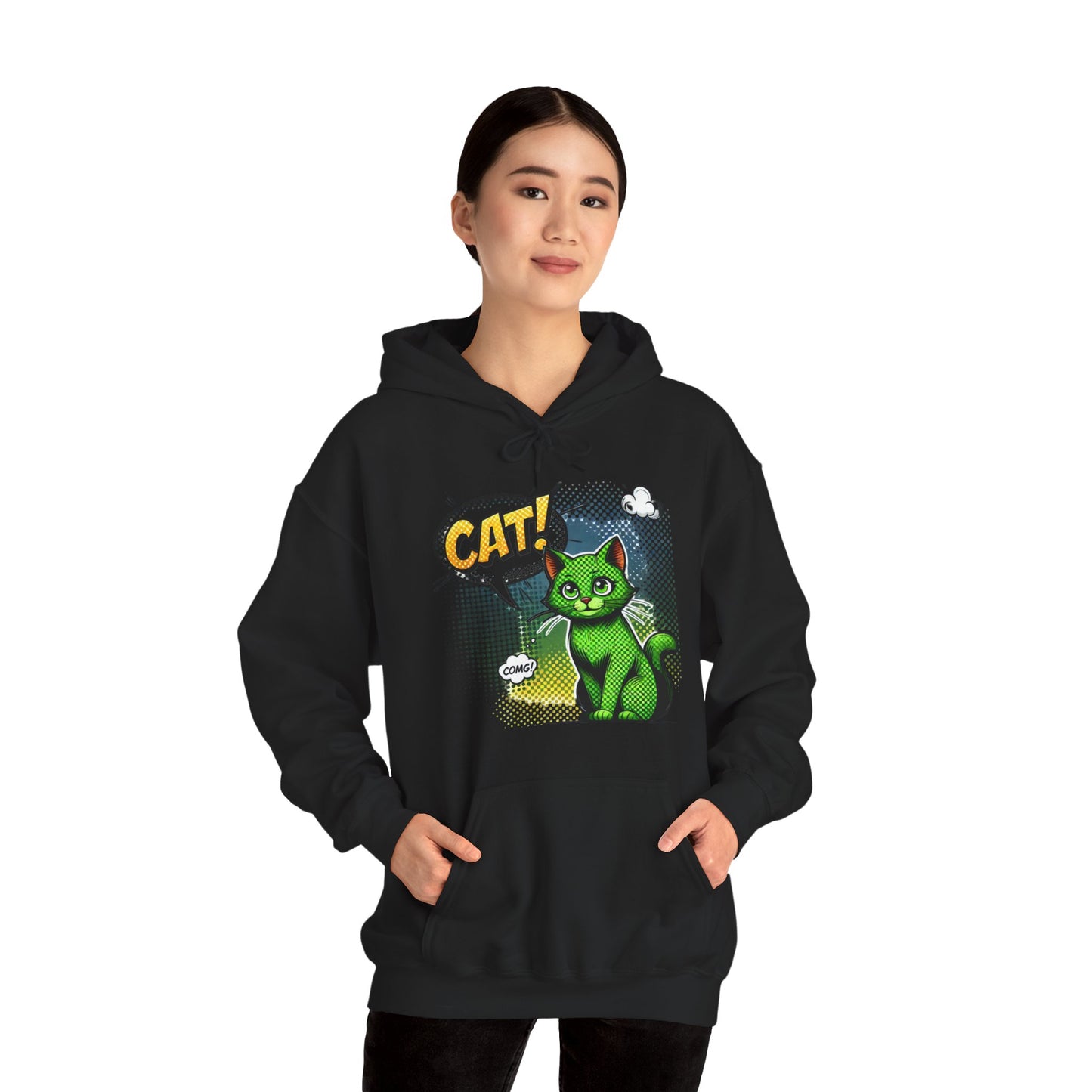 Green Comic Cat Hoodie — Retro Pop Art "CAT!" Graphic Sweatshirt