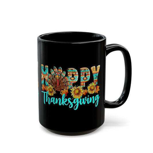 Happy Thanksgiving Mug – Cute Turkey & Sunflower Fall Coffee Cup – Autumn Boho Pattern Mug for Holiday & Festive Gifts
