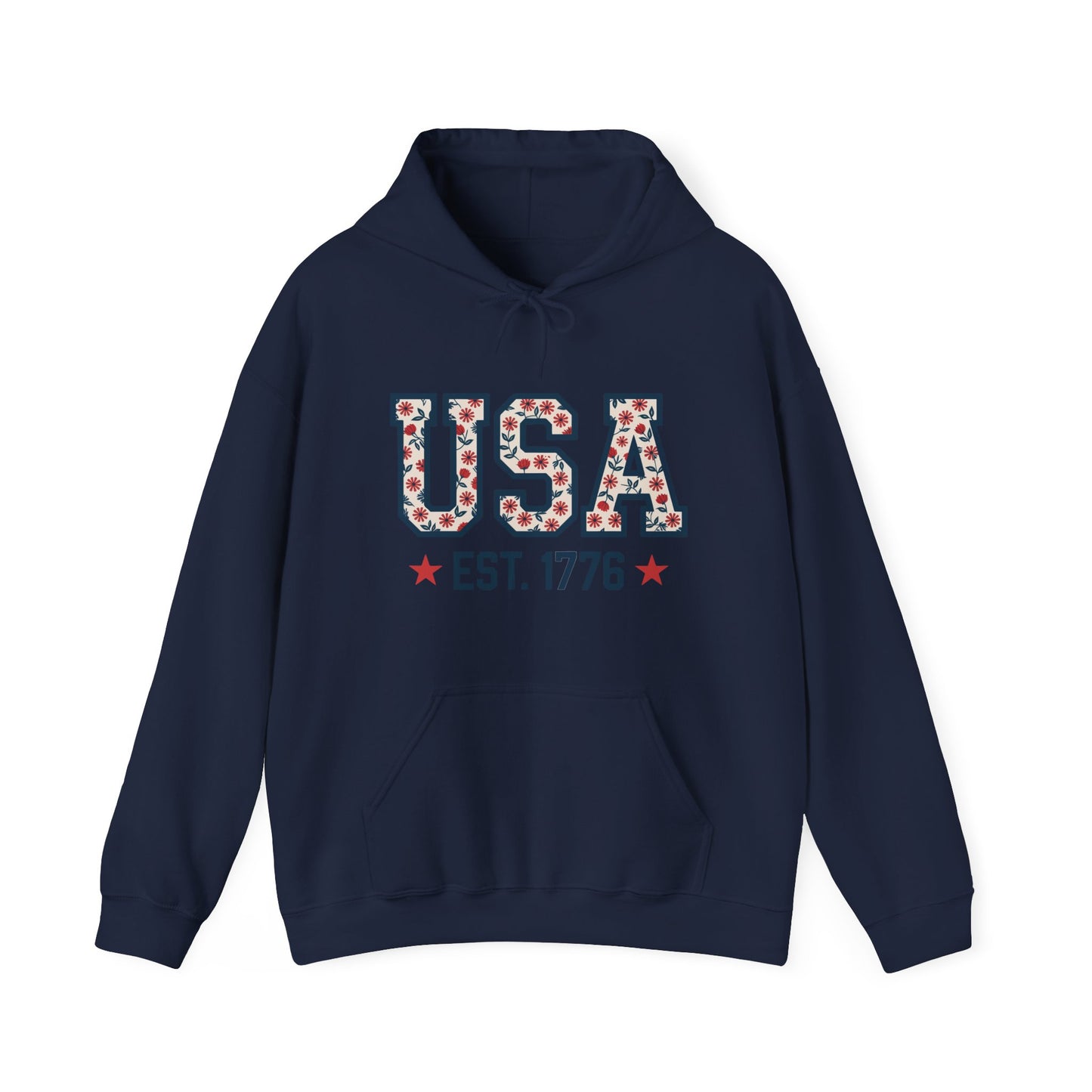 USA EST. 1776 Hoodie — Patriotic Floral American Heritage Sweatshirt