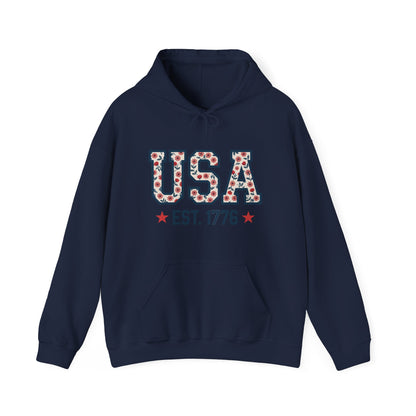 USA EST. 1776 Hoodie — Patriotic Floral American Heritage Sweatshirt