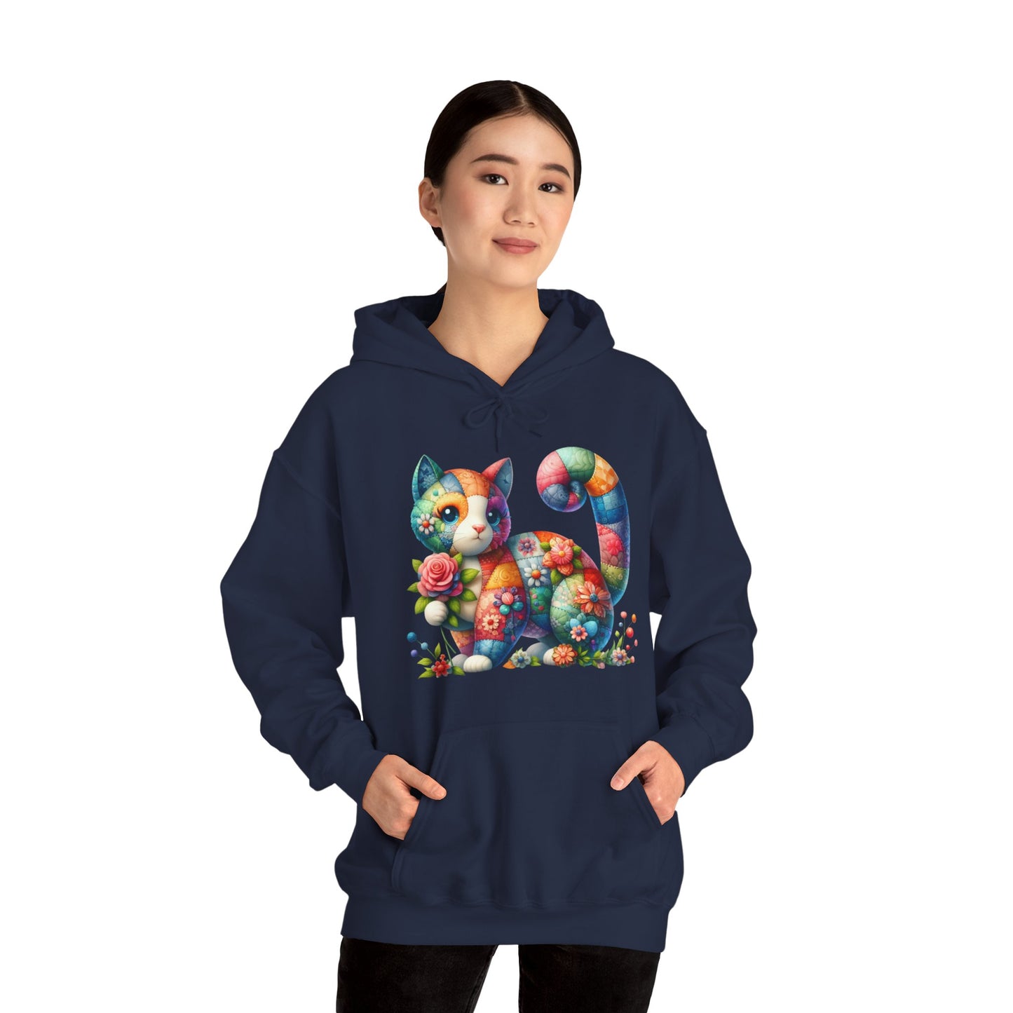Colorful Floral Cat Hoodie – Vibrant Patchwork Kitty Sweatshirt