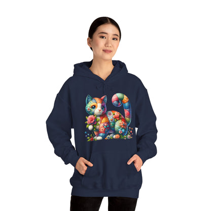 Colorful Floral Cat Hoodie – Vibrant Patchwork Kitty Sweatshirt