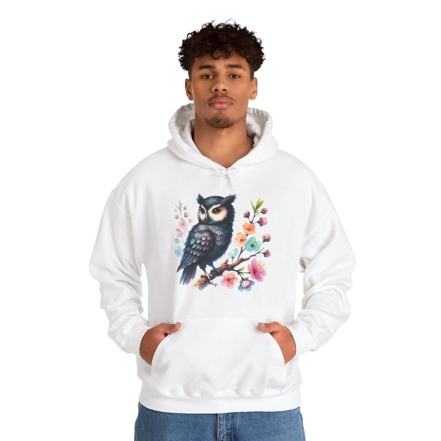 Floral Night Owl Hoodie – Watercolor Owl & Blossom Pullover