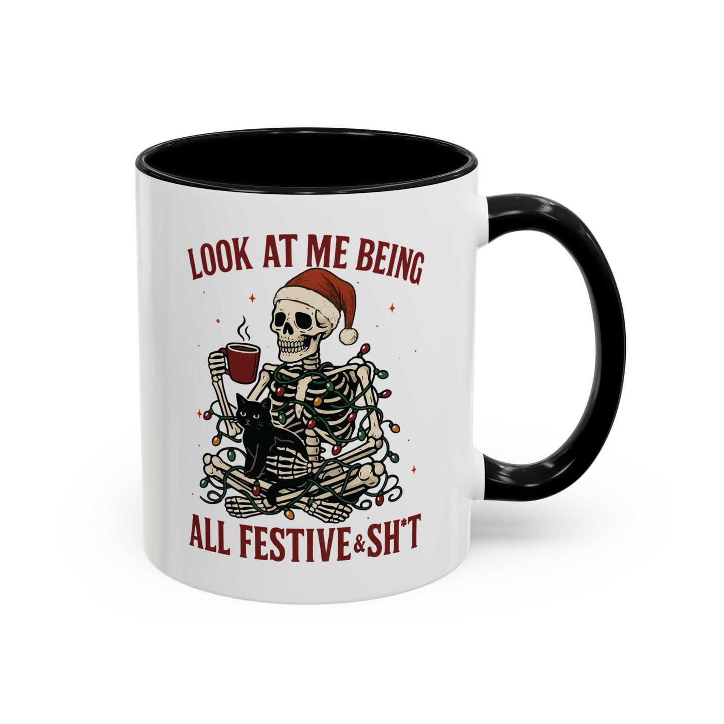 Funny Festive Skeleton Christmas Mug – Holiday Coffee Cup with Cat – Look at Me Being All Festive
