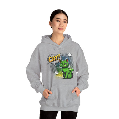 Green Comic Cat Hoodie — Retro Pop Art "CAT!" Graphic Sweatshirt
