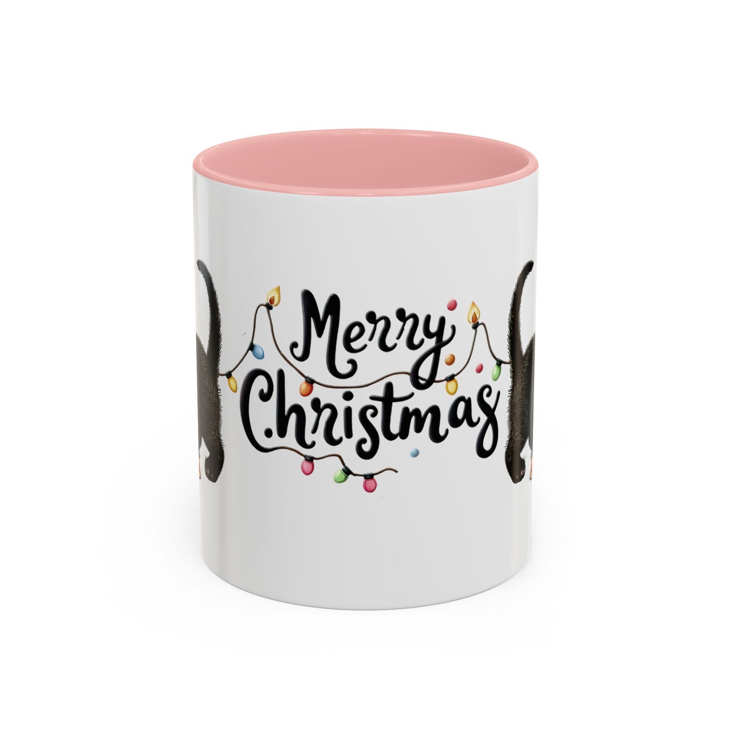 Merry Christmas Black Cat Mug – Cute Holiday Lights Cat Coffee Cup – Perfect Gift for Cat Lovers