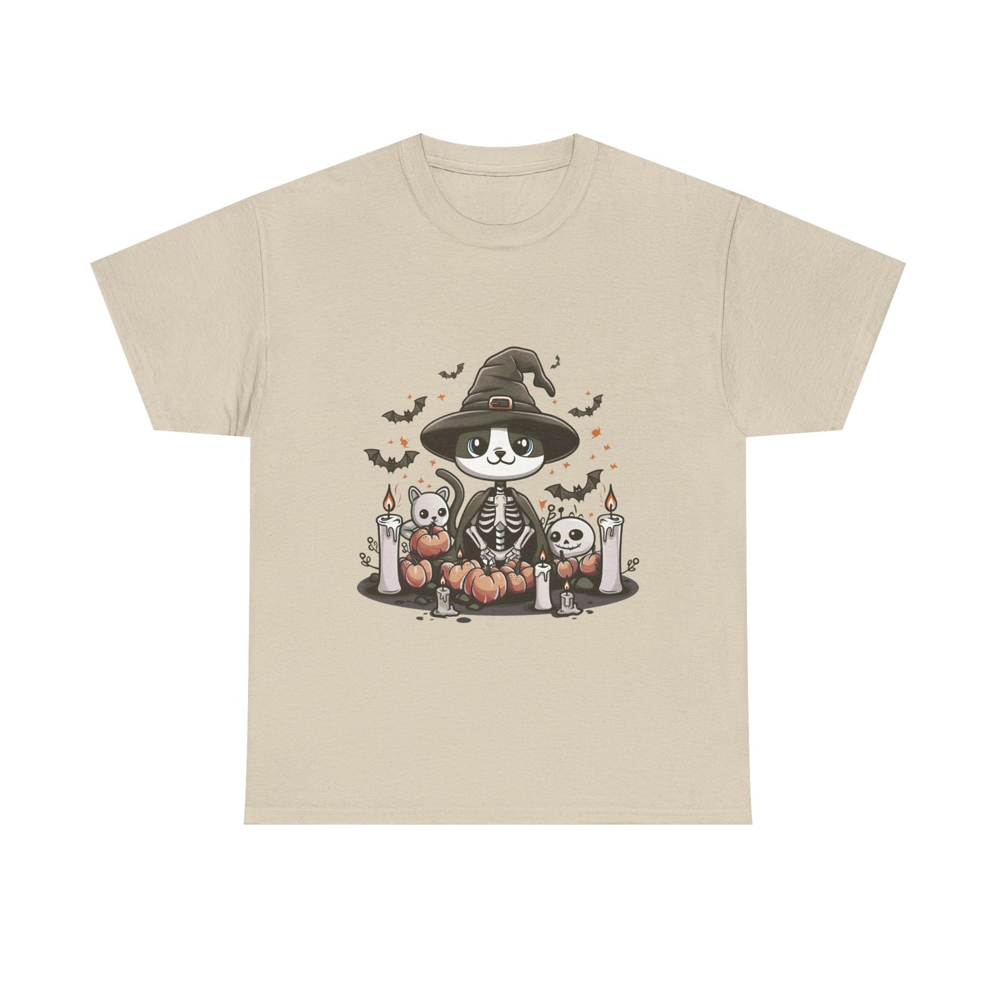 Halloween Witch Cat T-Shirt – Cute Skeleton Cat with Pumpkins & Candles