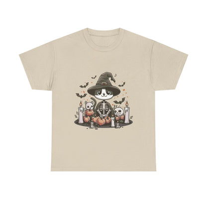 Halloween Witch Cat T-Shirt – Cute Skeleton Cat with Pumpkins & Candles